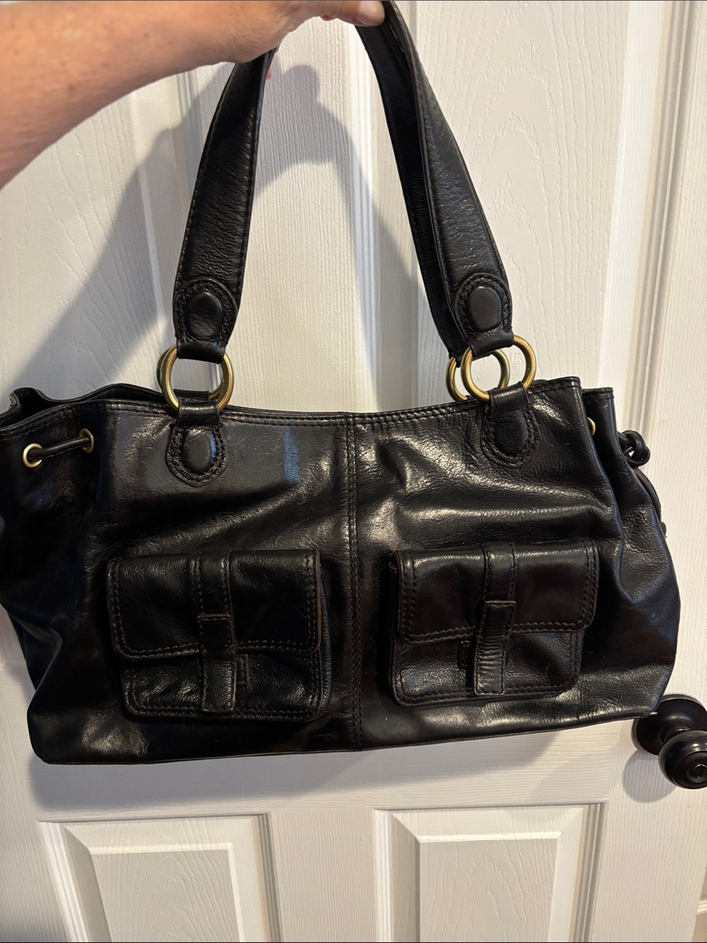 Antonio Melani Black Leather Shoulder Bag with Front Pocket Detail